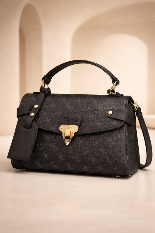 Zerva Queen Kadın Siyah Desenli El & Omuz Çantası- Şık Kilitli Günlük Çanta